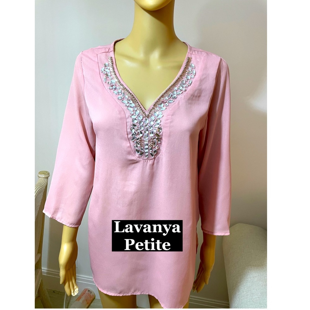 Lavanya Petite Pink V Neck Tunic W/ Crystals‎ Sz PL